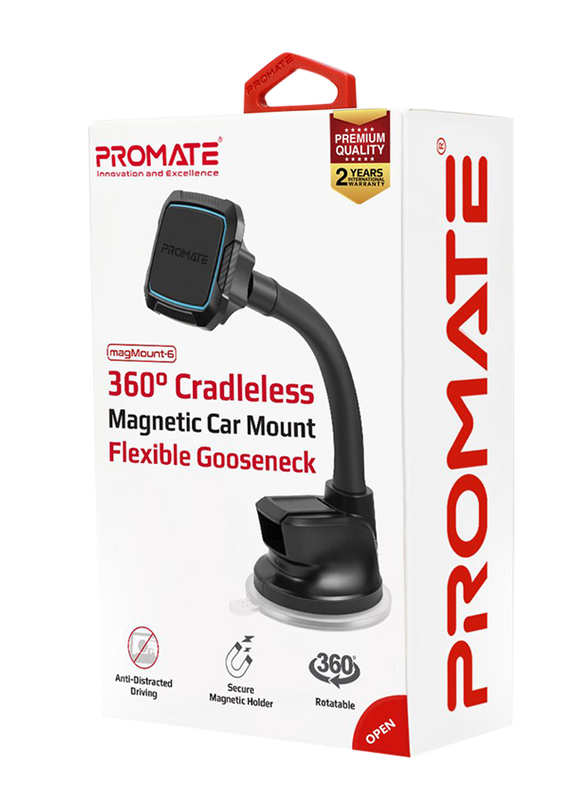 Promate MagMount Magnetic Car Mount Holder, Universal 360 Rotation Windshield or Dashboard Suction Cup Phone holder with 6 Strong Magnetic, Flexible Gooseneck and Anti-Slip Grip, Blue