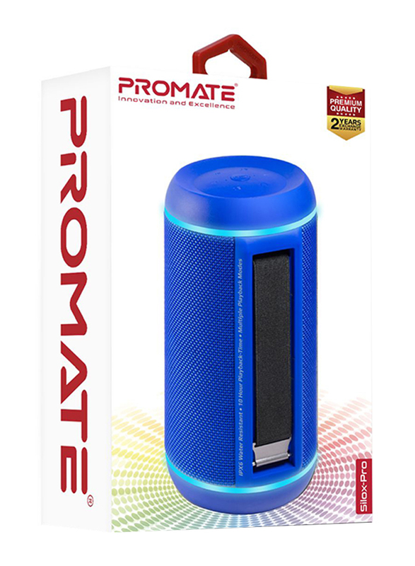 Promate Silox-Pro Portable Indoor/Outdoor 30W Wireless Bluetooth Stereo Speaker, IPX6 Water-Resistant with Mic, FM Radio, TF Card Slot, USB Port, Audio Jack & Built-In 6600mAh Power Bank, Blue