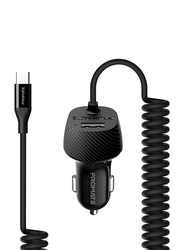 Promate VolTrip-C Charger Car Charger Adapter, Fast Charging 3.4A USB Car Charger with Integrated Built-In Coiled USB-C and Short Circuit Protection, for GPS, Mobile Phones and Tablets, Black