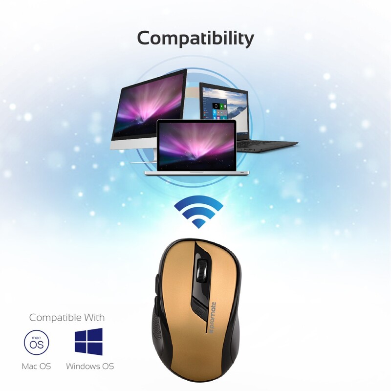 Promate CLIX-7 Optical Wireless Mouse, 2.4Ghz Portable, USB Nano Receiver, 3 Adjustable DPI, 6 Buttons, 10m Working Range and Auto-Sleep Function, Gold