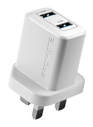 Promate BiPlug UK Wall Charger, 12W USB Power Adapter, Ultra-Fast Universal 2.4A Dual USB Port, with Adaptive Charging and Automatic Voltage Regulation, White