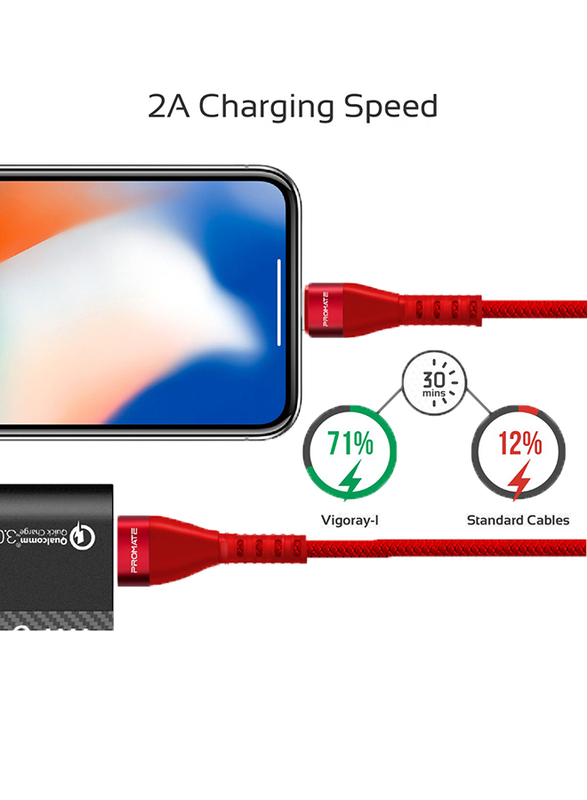 Promate 1.2-Meter VigoRay-I Lightning Cable, Reversible USB-A Male to Lightning, 2A High-Speed Fast Charge/Sync, Tangle Free, Long Bend Lifespan for Apple iPhone XS/XS Max/XR/iPad Pro/iPod, Red
