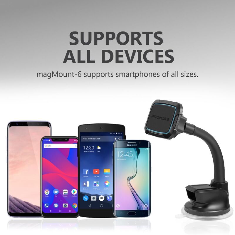 Promate MagMount Magnetic Car Mount Holder, Universal 360 Rotation Windshield or Dashboard Suction Cup Phone holder with 6 Strong Magnetic, Flexible Gooseneck and Anti-Slip Grip, Blue