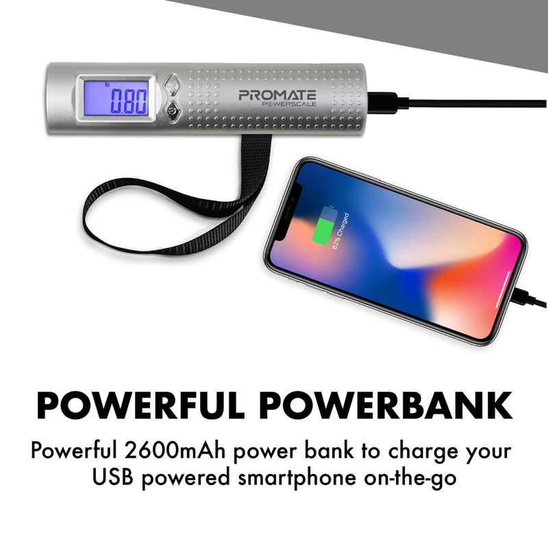 Promate 2600mAh PowerScale Power Bank, Multi-Function 3-in-1 Digital Luggage Scale, Silver