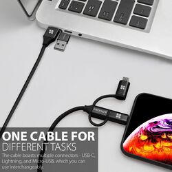 Promate 1.2-Meter PentaPower 6-In-1 Multi Charging Cable, Premium Hybrid 20V 3A USB-A/USB-C to Lightning/USB-C/Micro USB Connectors, Fast Sync Charging with 60W Type-C to Type-C Power Delivery, Black