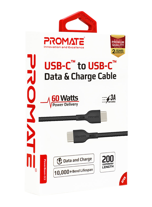 Promate 2-Meter PowerBeam-CC2 USB Type C Cable, Ultra-Fast 3A USB Type-C Male to USB Type-C, Sync/Fast Charger, with 60W Power Delivery and c for MacBook Pro/Google Pixel XL/Nexus 5X/6P, Black