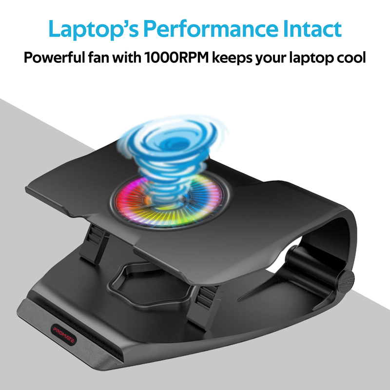 Promate Frostbase Cooling Pad for Gaming Laptop Upto 17-inch, Dual USB Port, Smart LED Illumination and Built-In Smartphone/Tablet Holder for Laptops/Smartphones/Tablet, Black