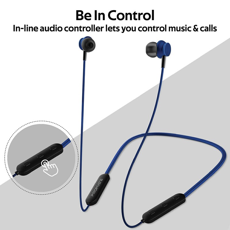 Promate Bali Bluetooth In-Ear Neckband Earphones with Built-in Hi-Res Mic, Magnetic Closure, Blue