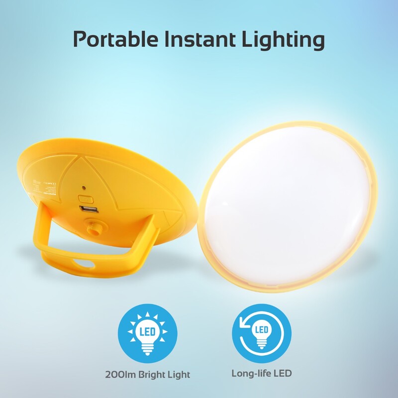Promate SolarLamp-2 Solar Light, 3W Solar Panel Powered 2 LED Light Lamp, Built-In Rechargeable 2600 Power Bank, 200 Lumen Bright LED Light for Tent/Hiking/Fishing, Yellow