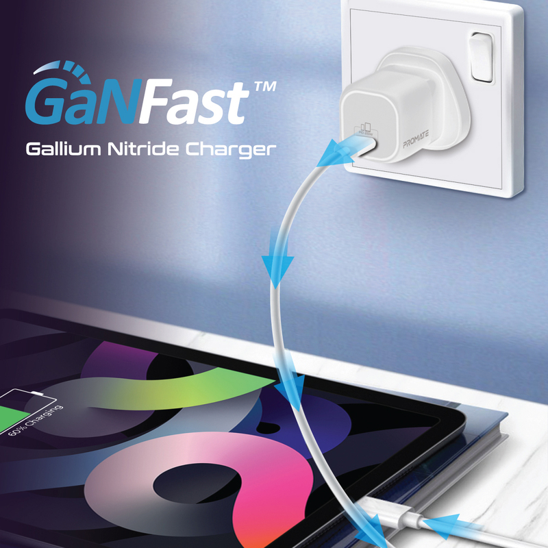 Promate GaN Ultra-Compact USB-C UK Wall Charger with Fast-Charging USB-C 25W Power Delivery Port, PowerPort-25, White