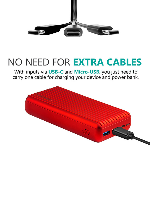 Promate 30000mAh Titan-30 USB-C Two Way 18W Portable Charger Power Bank, Qualcomm Quick 3.0 Port and Fat 2.4A USB Port, Red