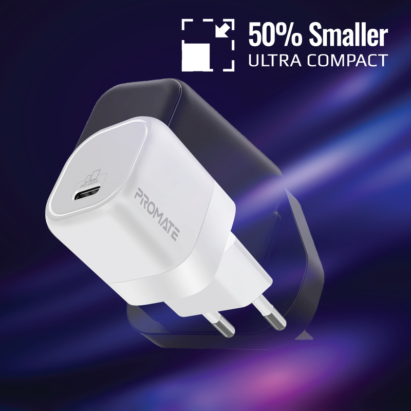 Promate GaN Ultra-Compact USB-C EU Wall Charger with Fast-Charging USB-C 25W Power Delivery Port, PowerPort-25, White