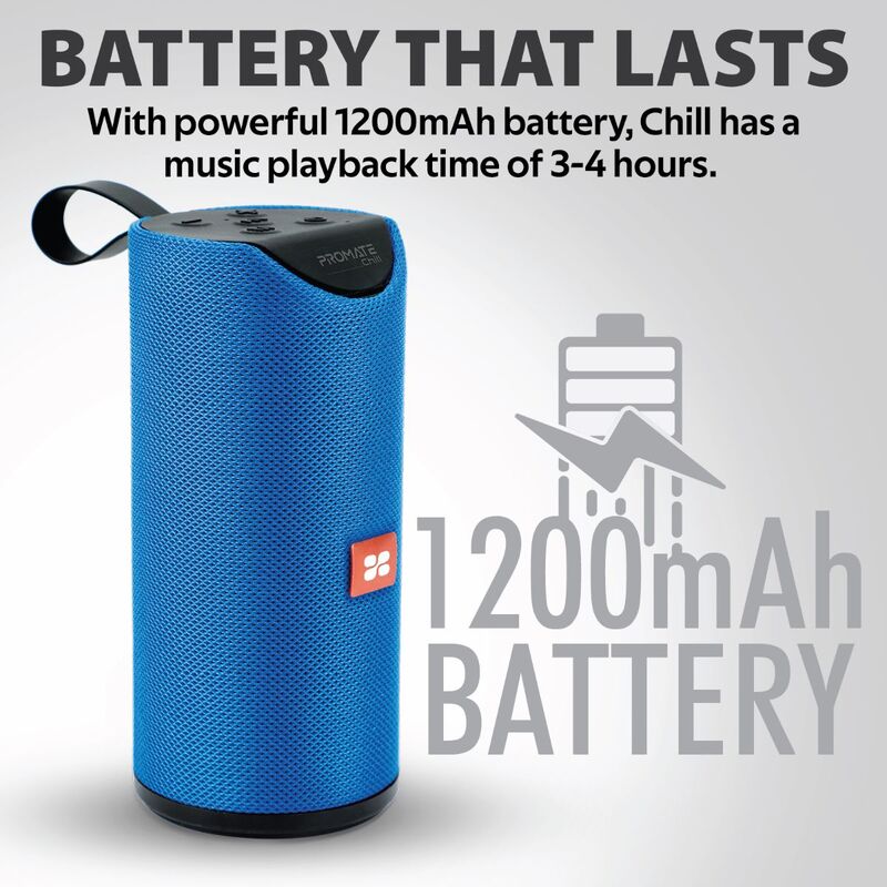 Promate Chill Portable Wireless Bluetooth v5.0 Stereo Speaker with 6W HD Sound, Built-In Mic, Micro SD Card Slot, In-Line AUX and 1200mAh Rechargeable Battery, Blue