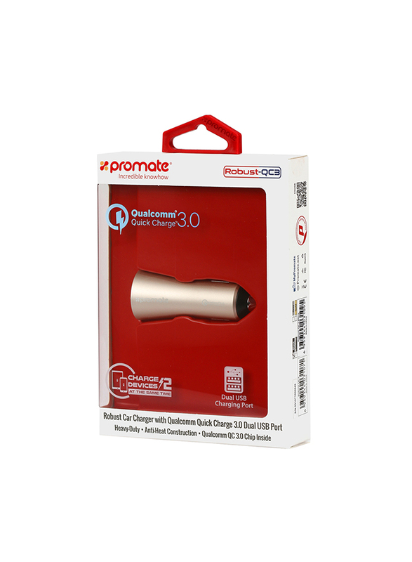 Promate Robust-QC3 Car Charger, Heavy-Duty Qualcomm Quick Charger 3.0 Dual USB Port Car Charger with Short Circuit and Over Charging Protection for GPS, iPod, Mobile Phones and Tablets, Gold