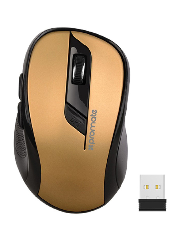 Promate CLIX-7 Optical Wireless Mouse, 2.4Ghz Portable, USB Nano Receiver, 3 Adjustable DPI, 6 Buttons, 10m Working Range and Auto-Sleep Function, Gold
