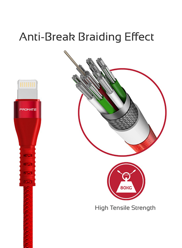 Promate 1.2-Meter VigoRay-I Lightning Cable, Reversible USB-A Male to Lightning, 2A High-Speed Fast Charge/Sync, Tangle Free, Long Bend Lifespan for Apple iPhone XS/XS Max/XR/iPad Pro/iPod, Red