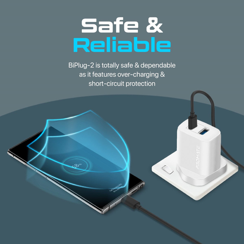 Promate USB-C UK Wall Adapter, Universal 17W Multi-Port Charger with 5V/3A Type-CPort, 5V/2.4A USB-A Port, BiPlug-2 UK, White