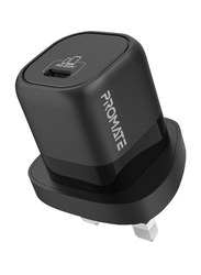 Promate GaN Ultra-Compact USB-C UK Wall Charger with Fast-Charging USB-C 25W Power Delivery Port, PowerPort-25, Black