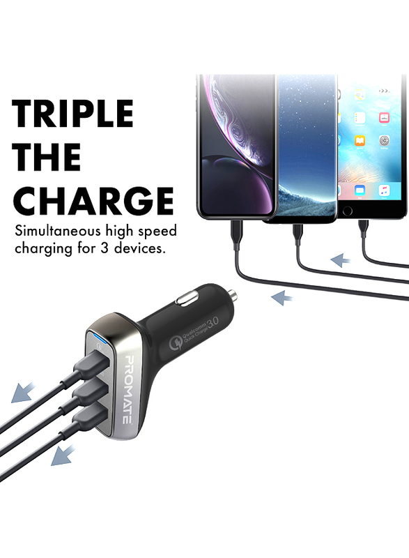 Promate Scud-C35 3 Port USB Car Charger, Fast 30W 3.4A Dual USB Car Charger Adapter with Qualcomm Quick Charger 3.0 USB Port and Over-Heating Protection for iPad, GPS, Mobile Phones and Tablets,Black
