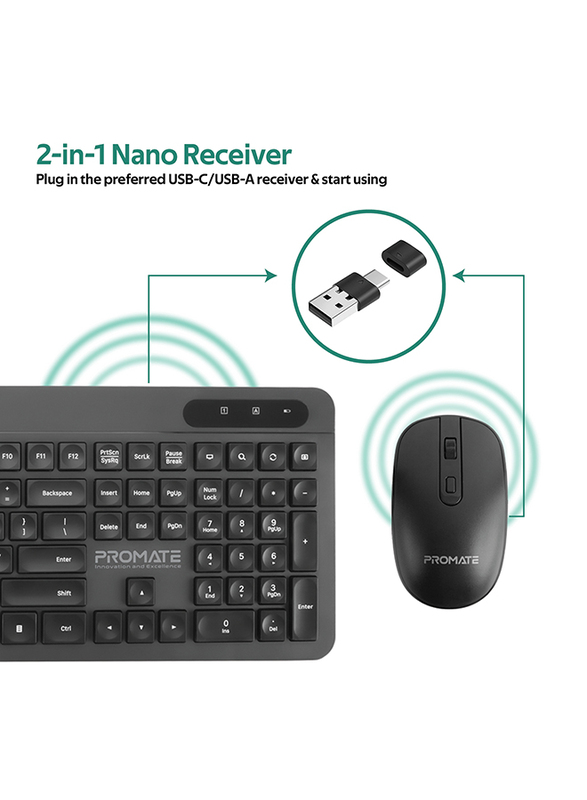 Promate Wireless English Keyboard and Mouse Combo with USB Type-A/USB Type-C Nano Receiver, ProCombo-11, Black