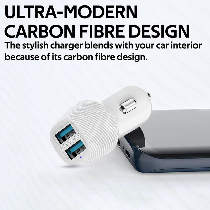 Promate VolTrip Duo 3.4A Fast Charging Car Charger, with Smart Output and Short Circuit Protection, White