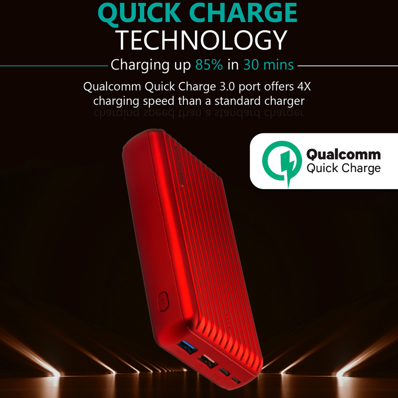 Promate 30000mAh Titan-30 USB-C Two Way 18W Portable Charger Power Bank, Qualcomm Quick 3.0 Port and Fat 2.4A USB Port, Red