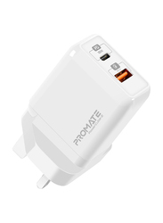 Promate PowerCube-2-UK Wall Charger with 18W High-Speed Power Delivery Port Type-C and Qualcomm Quick Charge 3.0 USB A Port, with Automatic Voltage Regulation for Smartphones/Tablet, White