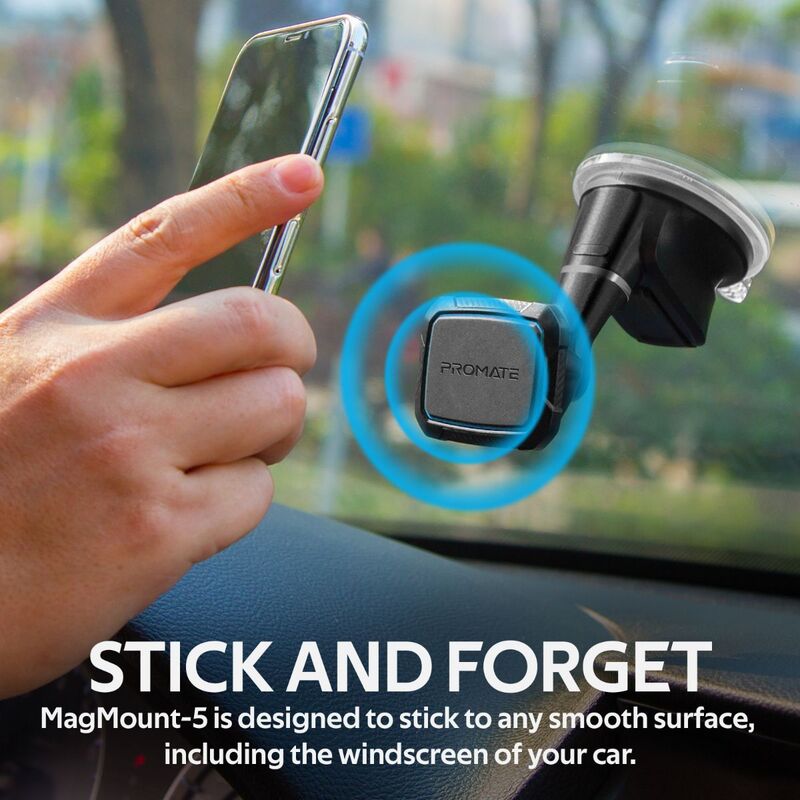 Promate MagMount Magnetic Car Phone Mount, Universal Windshield Magnetic Suction Cup Mount with 6 Neodymium Magnets, Anti-Slip Grip and 360 Rotation View, Blue