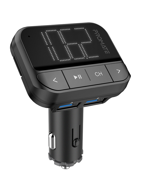 Promate Car Fm Transmitter Wireless In Car Radio Adapter Kit With Dual Usb Ports Aux Port Tf Card Slot Led Display Multiple Eq Modes And Remote Control For Smartphones Tablets Ezfm 2 Black Dubaistore Com