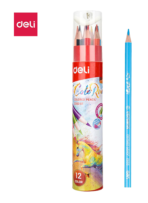 Deli C00307 Color Pencil with Sharpener, 12 Pieces, Multicolor