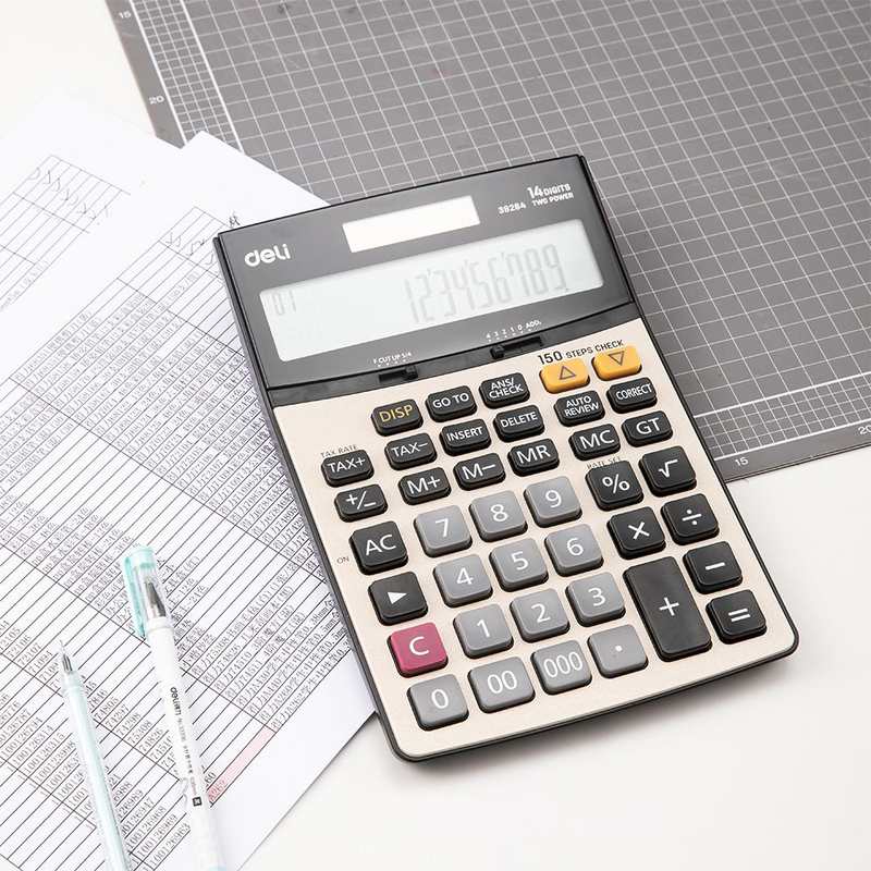 Deli E39264 14 Digits Calculator with 150 Steps Check, Grey/Black