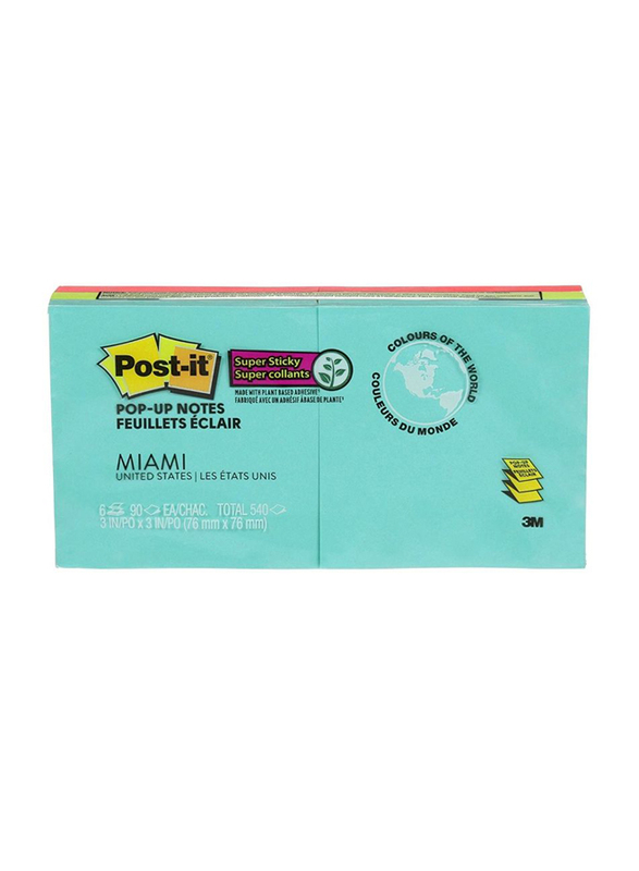 3M Post-It R330-6SSMIA Miami Super Sticky Pop Up Notes, 76 x 76mm, 6 x 90 Sheets, Multicolor