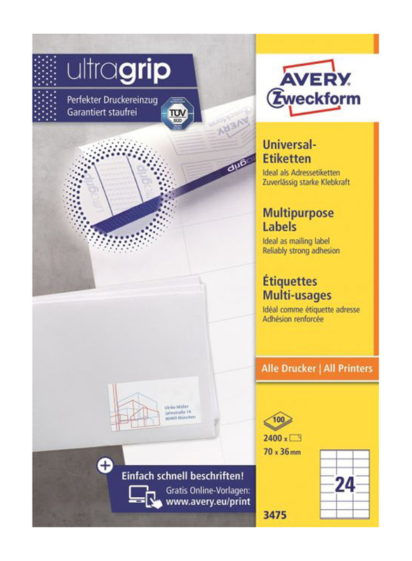 Avery 3475 Multipurpose Labels, 24 x 100 Pieces, White