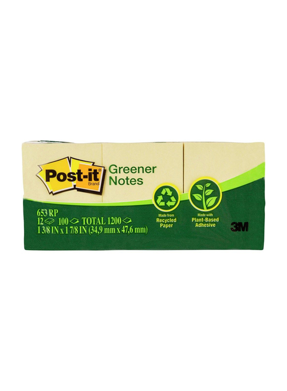 

3M Post-It 653 Recycled Paper Greener Sticky Notes, 50.8 x 38mm, 12 x 100 Sheets, Yellow
