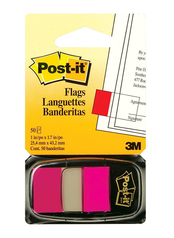 3M Post-It 680-23 Tape Flags, 25.4 x 43.18mm, 50 Sheets, Bright Pink