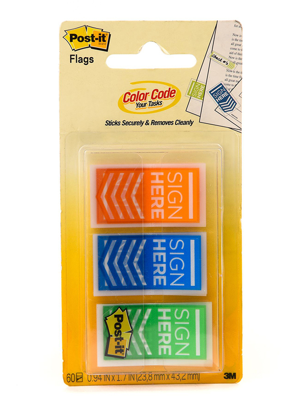 3M Post-It 682-SH-OBL Sign Here Tape Flags in Dispenser, 25.4 x 43.2mm, 3 x 20 Sheets, Multicolor
