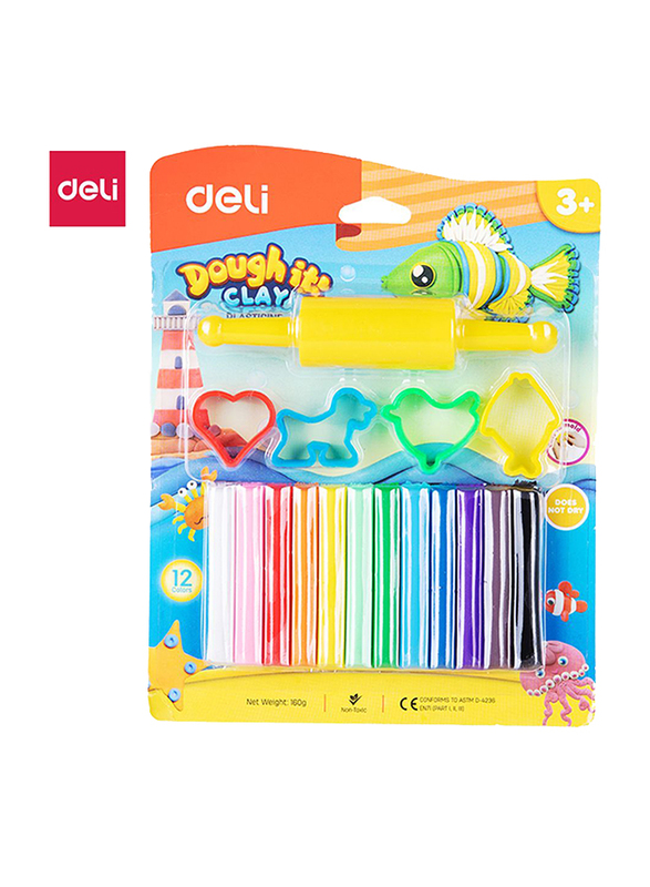 Deli D75041 Plasticine Clay, 12 Pieces, 160 grams, Multicolor