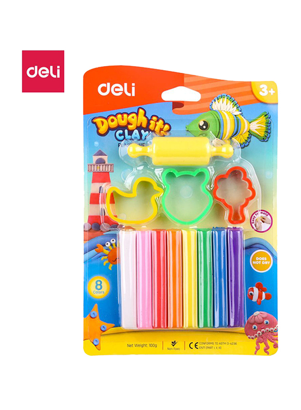 Deli D75021 Plasticine Clay, 8 Pieces, 100 grams, Multicolor