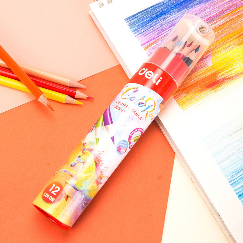 Deli C00307 Color Pencil with Sharpener, 12 Pieces, Multicolor