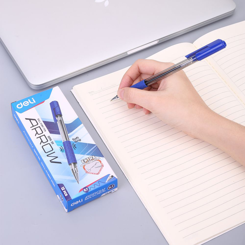 Deli Q01030 Arrow Soft Grip Ball Pen, 12 Pieces, 7mm, Blue