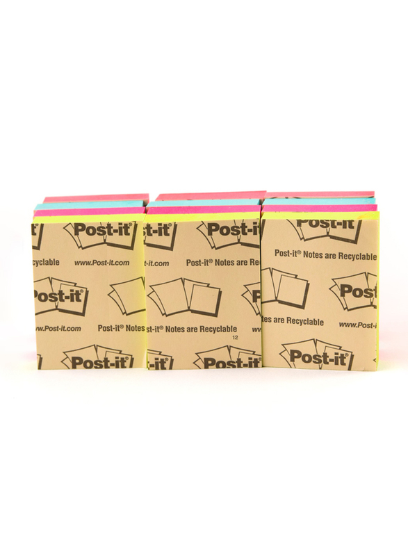 3M Post-it 653AN Neon Color Sticky Notes, 34.9 x 47.6mm, 12 x 100 Sheets, Multicolor