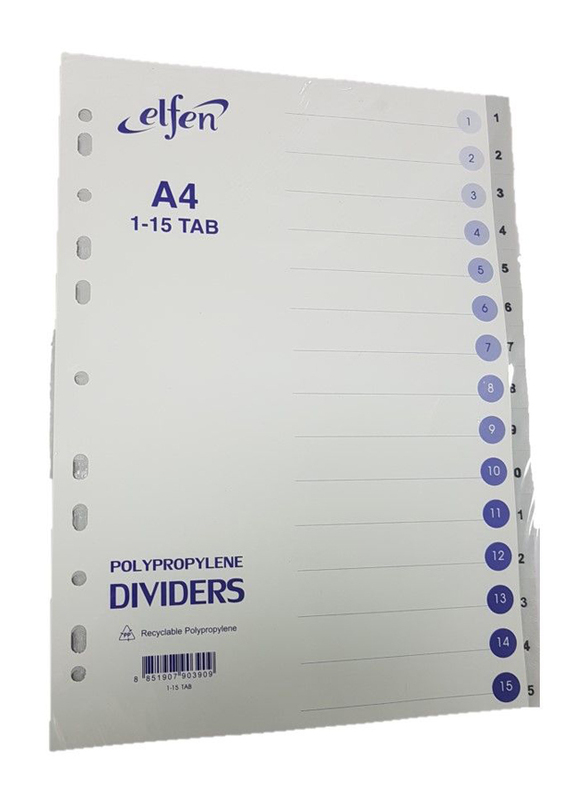 

Elfen 1015 PVC File Divider with Index & 1-15 Numbers, A4 Size, White/Grey
