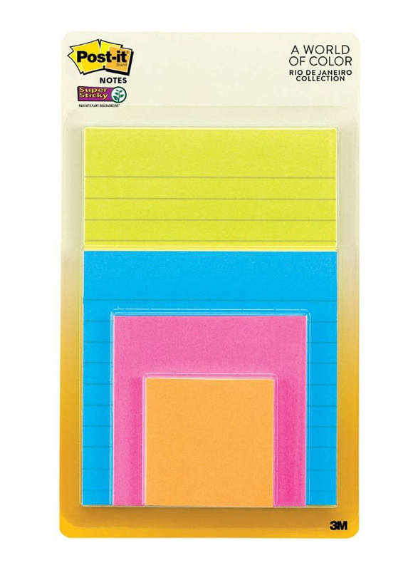 3M Post-It 4622-SSEU Super Sticky Multi Packs, 4 Sizes with 4 Different Colors, Multicolor