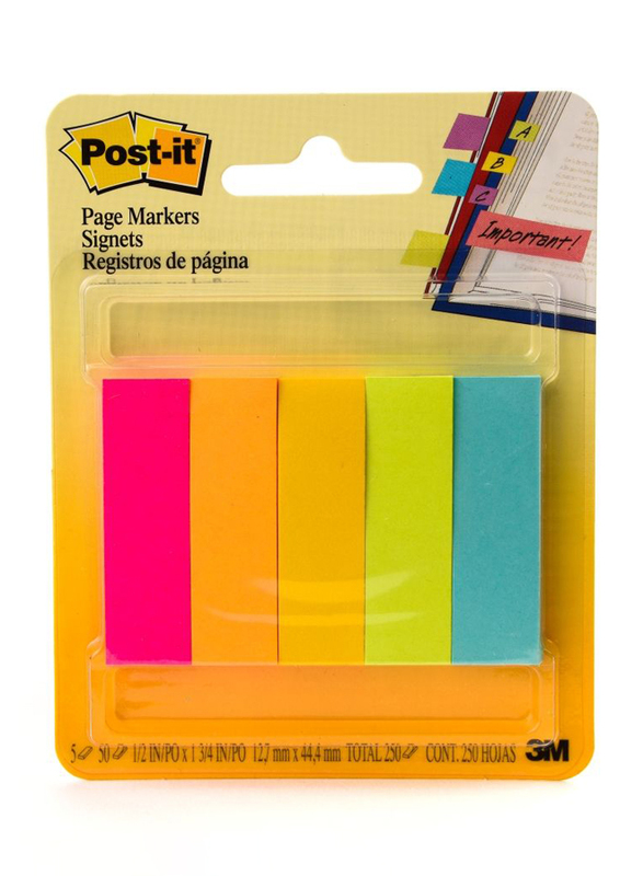 3M Post-It 670-5AF Fluorescent Colors Page Marker, 1.27 x 4.44cm, 5 x 50 Sheets, Multicolor