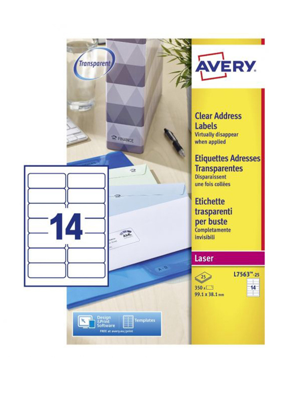 

Avery L7563 Labels, 99.1 x 38.1mm, 25 Sheets, Transparent