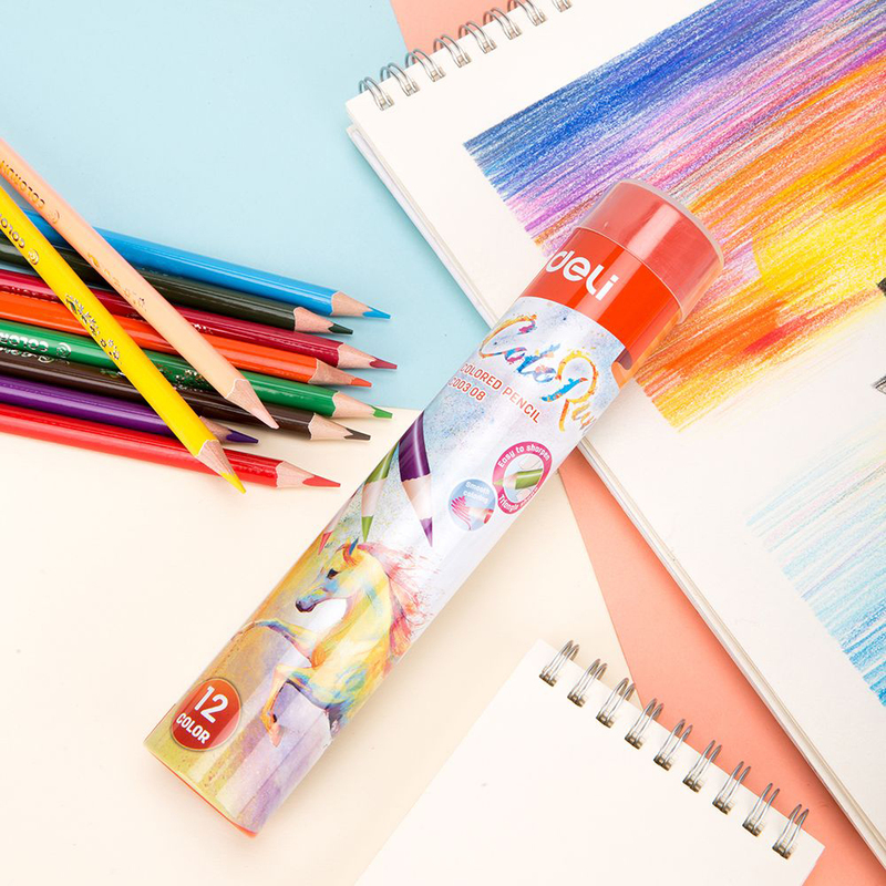 Deli EC00308 Color Pencil with Metal Tube, 12 Pieces, Multicolor