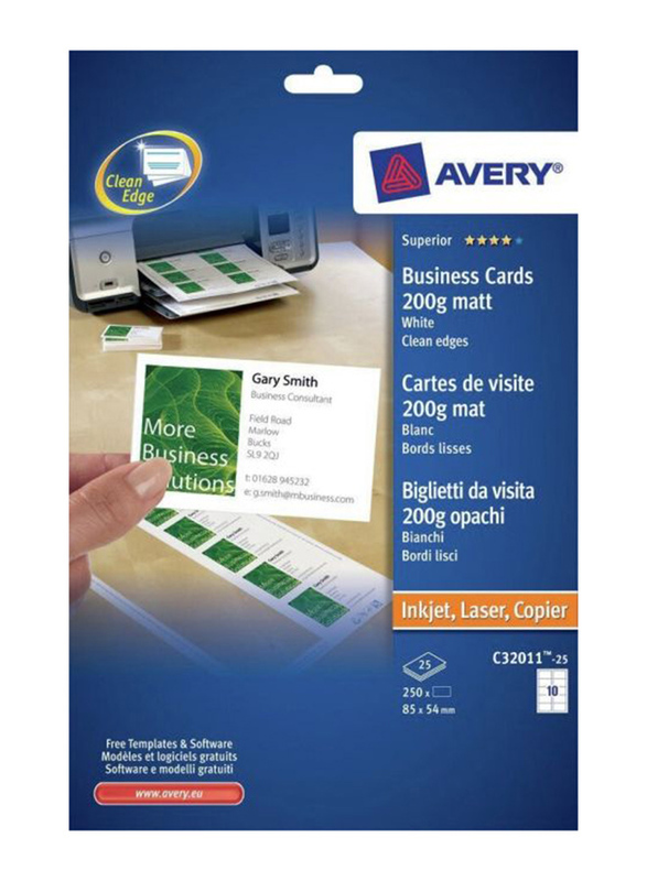 Avery C32011-25 Superior Business Cards, 200 GSM, 85 x 54mm, 10 Cards Per Sheet, 25 Sheets Per Pack, Matt White