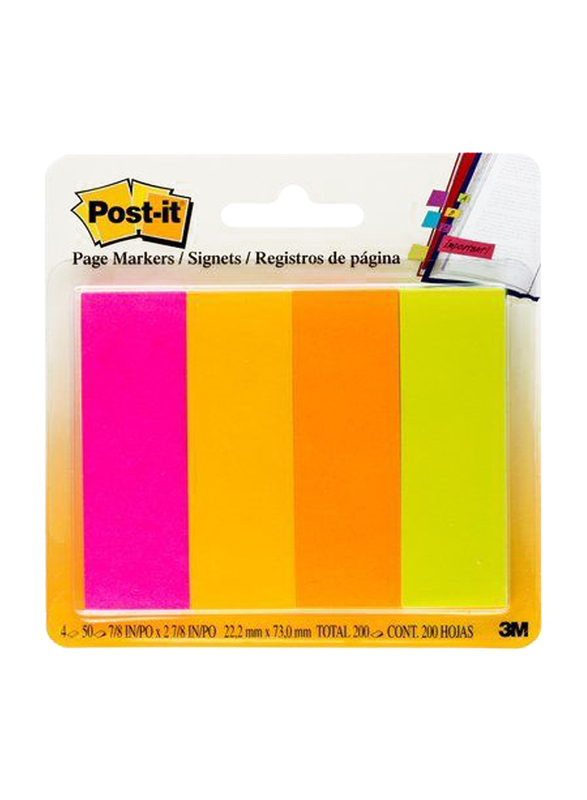 3M Post-It 671-4AF Page Marker, 2.22 x 7.3cm, 4 x 50 Sheets, Multicolor