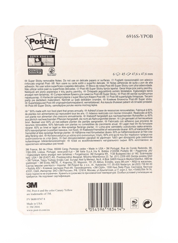 3M Post-It 6916S-YPOB Super Sticky Multi Pack, 47.6 x 47.6mm, 6 x 45 Sheets, Multicolor