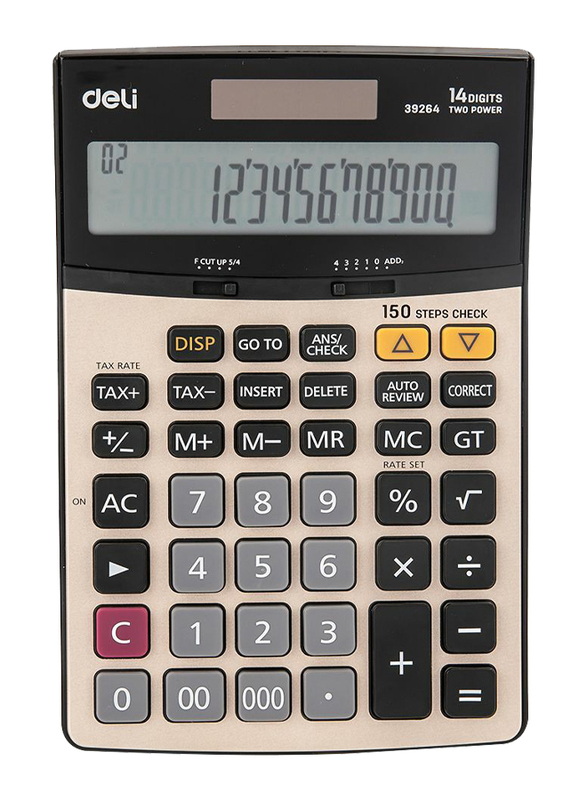Deli E39264 14 Digits Calculator with 150 Steps Check, Grey/Black